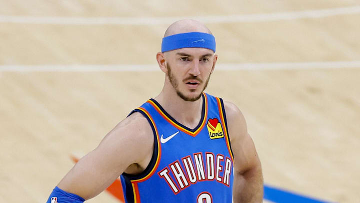 Jun 8, 2025; Oklahoma City, Oklahoma, USA; Oklahoma City Thunder guard Alex Caruso (9) looks on during the third quarter against the Indiana Pacers in game two of the 2025 NBA Finals at Paycom Center. Mandatory Credit: Alonzo Adams-Imagn Images