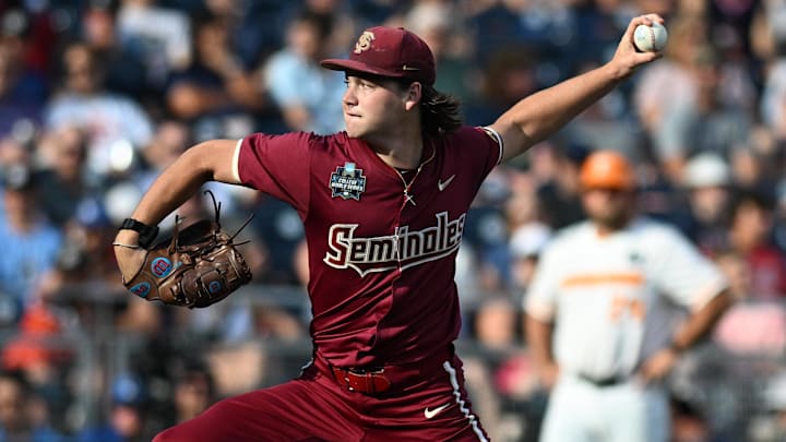 Jun 14, 2024; Omaha, NE, USA;  Florida State Seminoles starting pitcher Jamie Arnold (16) throw against the Tennessee Volunteers during the first inning at Charles Schwab Filed Omaha. Mandatory Credit: Steven Branscombe-Imagn Images
