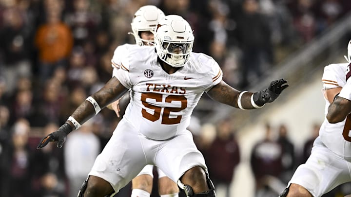Texas Longhorns offensive lineman DJ Campbell blocks during the second half against the Texas A&M Aggies.