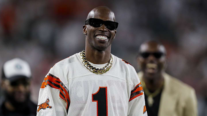 Sep 25, 2023; Cincinnati, Ohio, USA; Former Cincinnati Bengals player, Chad Johnson, walks on the field during warmups before the game against the Los Angeles Rams at Paycor Stadium. Mandatory Credit: Katie Stratman-Imagn Images