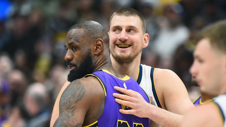 Feb 22, 2025; Denver, Colorado, USA; Denver Nuggets center Nikola Jokic (15) and Los Angeles Lakers forward LeBron James (23) hug before the game at Ball Arena. Mandatory Credit: Christopher Hanewinckel-Imagn Images Feb 22, 2025; Denver, Colorado, USA; Denver Nuggets center Nikola Jokic (15) and Los Angeles Lakers forward LeBron James (23) hug before the game at Ball Arena. Mandatory Credit: Christopher Hanewinckel-Imagn Images