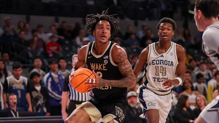 Feb 11, 2026; Atlanta, Georgia, USA; Wake Forest Demon Deacons guard Juke Harris (2) drives to the basket against the Georgia Tech Yellow Jackets in the first quarter at McCamish Pavilion. Mandatory Credit: Brett Davis-Imagn Images
