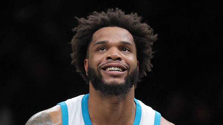 Brooklyn, New York, USA; Charlotte Hornets forward Miles Bridges (0) reacts during the third quarter against the Brooklyn Nets at Barclays Center on Mar 31, 2026. Brooklyn, New York, USA; Charlotte Hornets forward Miles Bridges (0) reacts during the third quarter against the Brooklyn Nets at Barclays Center on Mar 31, 2026.