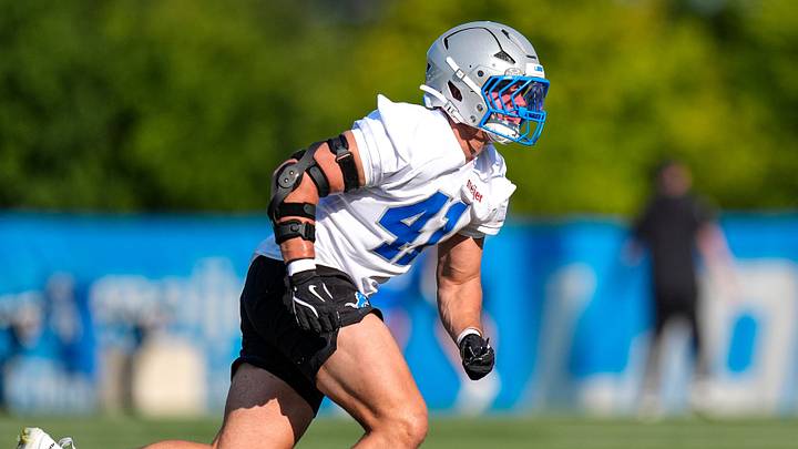 Detroit Lions linebacker Jimmy Rolder (41) practices during training camp at Meijer Performance Center in Allen Park on Thursday, July 30, 2026.