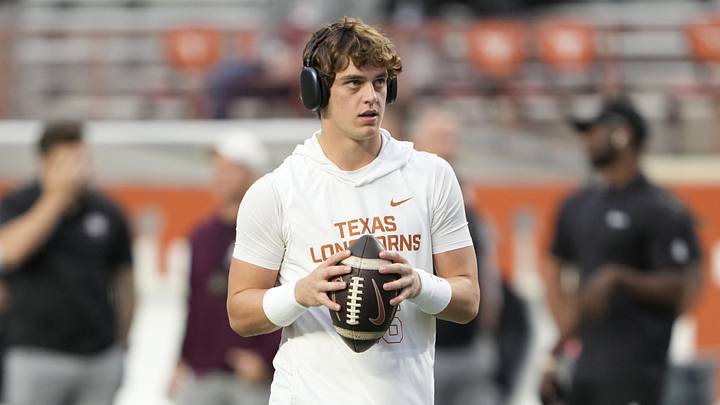 Texas Longhorns quarterback Arch Manning warms up before a game against the Texas A&M Aggies at Darrell K Royal-Texas Memorial Stadium.
