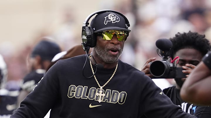 Sep 6, 2025; Boulder, Colorado, USA; Colorado Buffaloes head coach Deion Sanders during the second half against the Delaware Fightin Blue Hens at Folsom Field. Mandatory Credit: Ron Chenoy-Imagn Images