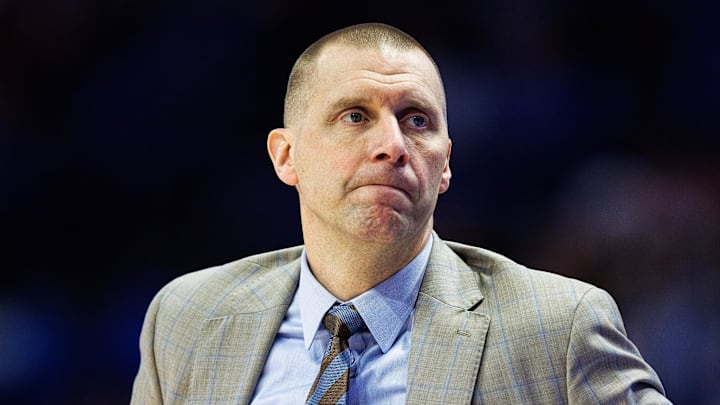 Feb 17, 2026; Lexington, Kentucky, USA; Kentucky Wildcats head coach Mark Pope looks to his bench during the second half against the Georgia Bulldogs at Rupp Arena at Central Bank Center. Mandatory Credit: Jordan Prather-Imagn Images