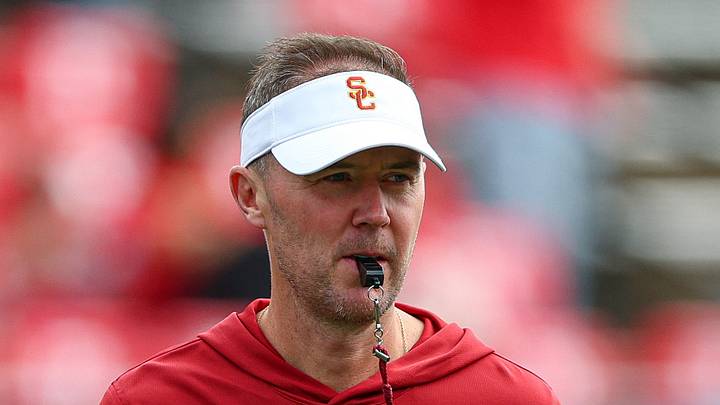 Sep 19, 2026; Piscataway, New Jersey, USA;  USC Trojans head coach Lincoln Riley on the field during warm ups before the game against the Rutgers Scarlet Knights at SHI Stadium. Mandatory Credit: Vincent Carchietta-Imagn Images