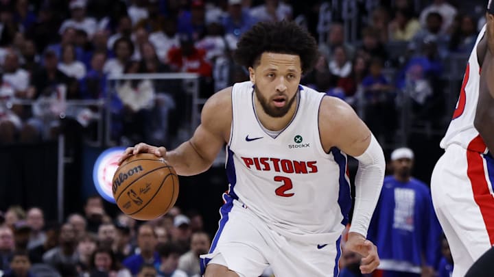 Apr 22, 2026; Detroit, Michigan, USA; Detroit Pistons guard Cade Cunningham (2) dribbles in the second half against the Orlando Magic during game two of the first round of the 2026 NBA Playoffs at Little Caesars Arena. Mandatory Credit: Rick Osentoski-Imagn Images