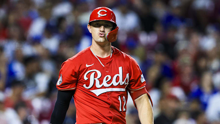 Jul 28, 2025; Cincinnati, Ohio, USA; Cincinnati Reds outfielder Austin Hays (12) reacts after a play in the eighth inning against the Los Angeles Dodgers at Great American Ball Park. Mandatory Credit: Katie Stratman-Imagn Images