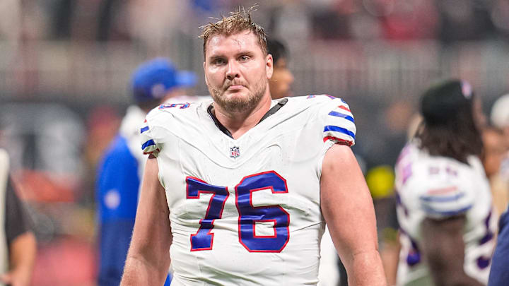 Oct 13, 2025; Atlanta, Georgia, USA; Buffalo Bills guard David Edwards (76) on the field against the Atlanta Falcons at Mercedes-Benz Stadium. Mandatory Credit: Dale Zanine-Imagn Images