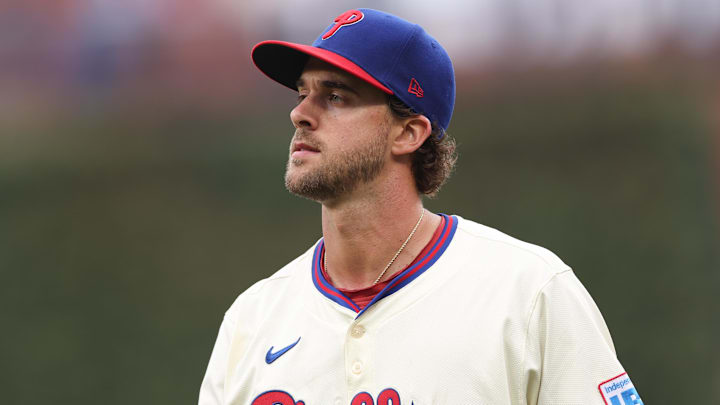 Apr 5, 2025; Philadelphia, Pennsylvania, USA; Philadelphia Phillies pitcher Aaron Nola (27) before action against the Los Angeles Dodgers at Citizens Bank Park. Mandatory Credit: Bill Streicher-Imagn Images