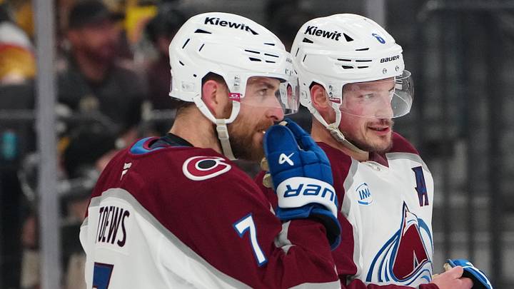 May 26, 2026; Las Vegas, Nevada, USA; Colorado Avalanche defenseman Devon Toews (7) talks with defenseman Cale Makar (8) during the first period against the Vegas Golden Knights in game four of the Western Conference Final of the 2026 Stanley Cup Playoffs at T-Mobile Arena. Mandatory Credit: Stephen R. Sylvanie-Imagn Images