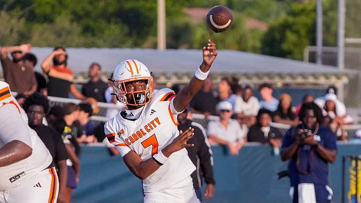 Carol City quarterback Malik Leonard (7), shown here during a preseason game against West Boca Raton, ran for touchdown and passed for another to lead the Chiefs past Daytona Beach Mainland, 38-3, in the regular-season opener for both schools on Aug. 21, 2026.