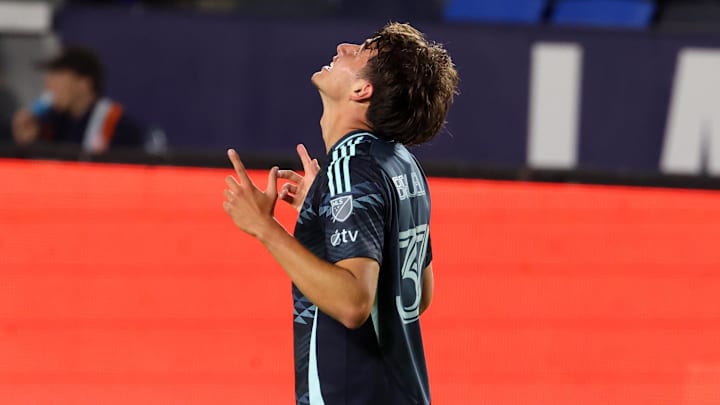 Aug 10, 2025; Carson, California, USA;  Seattle Sounders FC midfielder Snyder Brunell (37) celebrates after scoring a goal during the second half against the LA Galaxy at Dignity Health Sports Park. Mandatory Credit: Kiyoshi Mio-Imagn Images
