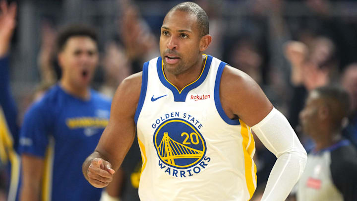 Dec 25, 2025; San Francisco, California, USA; Golden State Warriors center Al Horford (20) reacts after making a three point basket against the Dallas Mavericks during the first quarter at Chase Center. Mandatory Credit: Darren Yamashita-Imagn Images