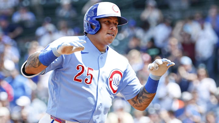 Apr 17, 2026; Chicago, Illinois, USA; Chicago Cubs designated hitter Moises Ballesteros (25) rounds the bases after hitting a three-run home run against the New York Mets during the first inning at Wrigley Field. Mandatory Credit: Kamil Krzaczynski-Imagn Images
