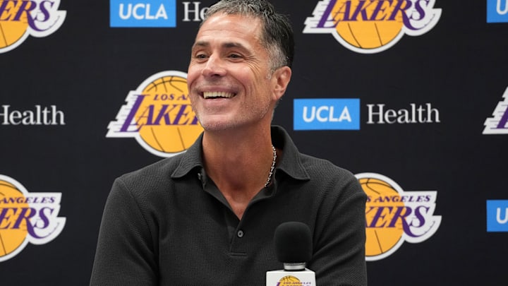 Sep 25, 2024; El Segundo, CA, USA; Los Angeles Lakers general manager Rob Pelinka at press conference at UCLA Health Training Center. Mandatory Credit: Kirby Lee-Imagn Images