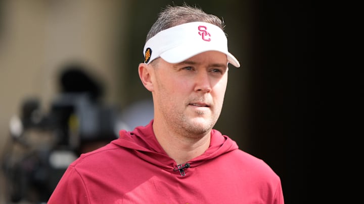 Sep 10, 2022; Stanford, California, USA;  USC Trojans head coach Lincoln Riley walks out of the tunnel for warmups before the start of the first quarter against the Stanford Cardinal at Stanford Stadium. Mandatory Credit: Stan Szeto-Imagn Images