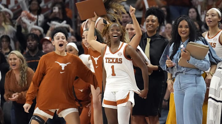 Texas players celebrate after their victory over South Carolina on Feb. 9. Texas players celebrate after their victory over South Carolina on Feb. 9.