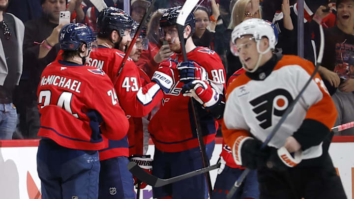 Mar 31, 2026; Washington, District of Columbia, USA; Washington Capitals right wing Tom Wilson (43) celebrates with teammates after scoring an empty-net goal against the Philadelphia Flyers during the third period at Capital One Arena. Mandatory Credit: Geoff Burke-Imagn Images Mar 31, 2026; Washington, District of Columbia, USA; Washington Capitals right wing Tom Wilson (43) celebrates with teammates after scoring an empty-net goal against the Philadelphia Flyers during the third period at Capital One Arena. Mandatory Credit: Geoff Burke-Imagn Images