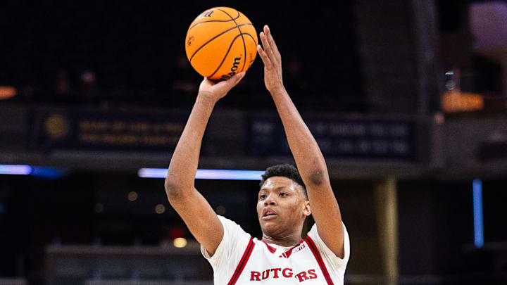 Mar 12, 2025; Indianapolis, IN, USA; Rutgers Scarlet Knights guard Ace Bailey (4) shoots the ball in the second half against the USC Trojans at Gainbridge Fieldhouse. Mandatory Credit: Trevor Ruszkowski-Imagn Images Mar 12, 2025; Indianapolis, IN, USA; Rutgers Scarlet Knights guard Ace Bailey (4) shoots the ball in the second half against the USC Trojans at Gainbridge Fieldhouse. Mandatory Credit: Trevor Ruszkowski-Imagn Images