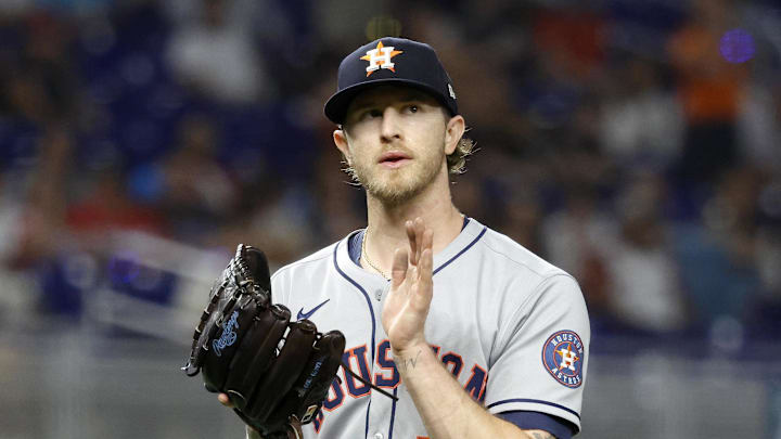 Aug 5, 2025; Miami, Florida, USA;  Houston Astros pitcher Josh Hader (71) celebrates defeating the Miami Marlins following the game at loanDepot Park. Mandatory Credit: Rhona Wise-Imagn Images
