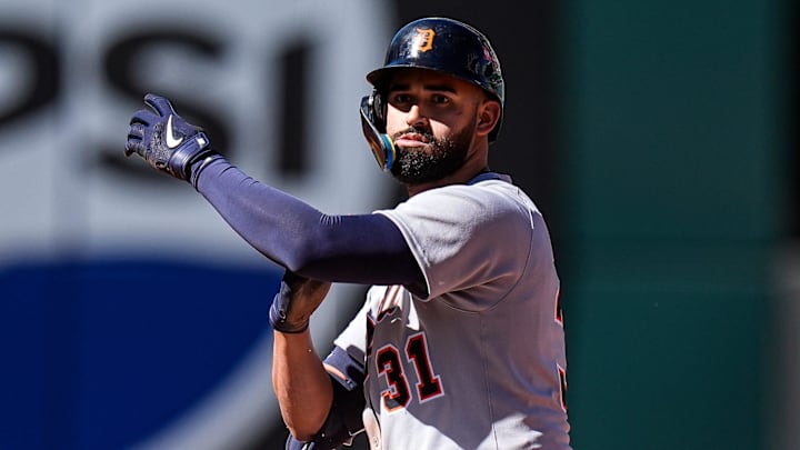 Detroit Tigers left fielder Riley Greene (31) celebrates batting a double against Cleveland Guardians during the fourth inning of Game 2 of AL wild-card series at Progressive Field in Cleveland, Ohio on Wednesday, Oct. 1, 2025.
