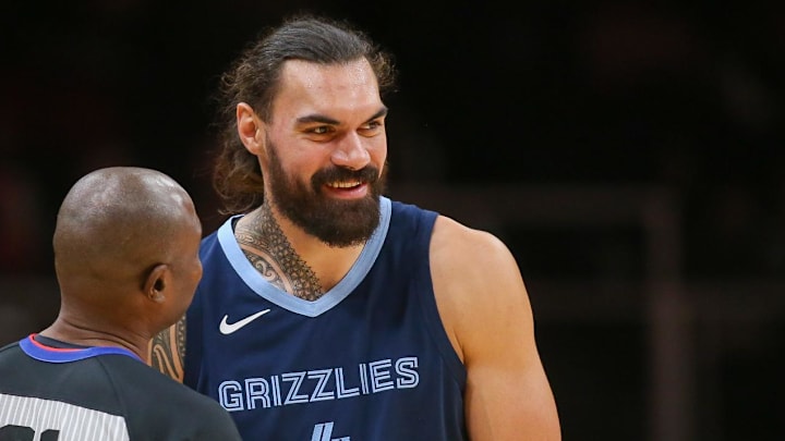 Oct 12, 2023; Atlanta, Georgia, USA; Memphis Grizzlies center Steven Adams (4) talks to referee Courtney Kirkland (61) before a game against the Atlanta Hawks in the first half at State Farm Arena. Mandatory Credit: Brett Davis-Imagn Images Oct 12, 2023; Atlanta, Georgia, USA; Memphis Grizzlies center Steven Adams (4) talks to referee Courtney Kirkland (61) before a game against the Atlanta Hawks in the first half at State Farm Arena. Mandatory Credit: Brett Davis-Imagn Images