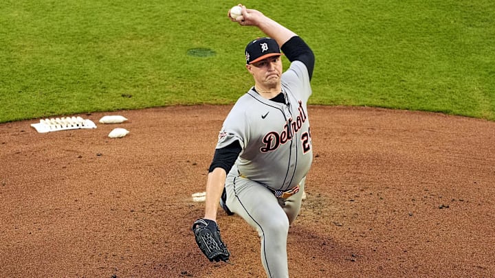 Jul 15, 2025; Cumberland, Georgia, USA; American League pitcher Tarik Skubal (29) of the Detroit Tigers pitches during the first inning during the 2025 MLB All Star Game at Truist Park. 