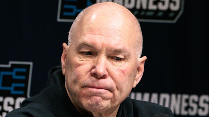 Mar 18, 2026; Oklahoma City, OK, USA; Saint Mary's Gaels head coach Randy Bennett gives an interview prior to a practice session ahead of the first round of the men's 2026 NCAA Tournament at Paycom Center. Mandatory Credit: William Purnell-Imagn Images