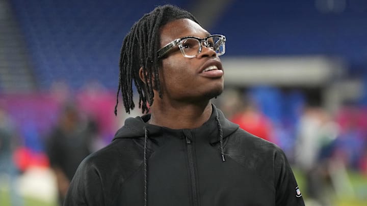 Feb 28, 2025; Indianapolis, IN, USA; Colorado defensive back Travis Hunter (DB15) looks on during the 2025 NFL Scouting Combine at Lucas Oil Stadium. Mandatory Credit: Kirby Lee-Imagn Images