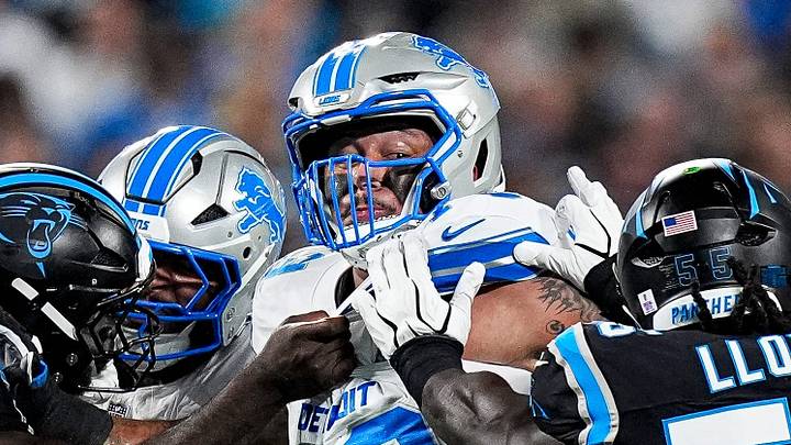 Detroit Lions offensive lineman Christian Mahogany (73) blocks Carolina Panthers linebacker Devin Lloyd (55) during the first half at Bank of America Stadium in Charlotte on Sunday, Oct. 4, 2026.