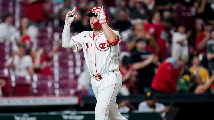 Cincinnati Reds first baseman Sal Stewart (27) gestures as he runs the bases after hitting a homer in the eighth inning of a MLB game between the Cincinnati Reds and Pittsburgh Pirates, Tuesday, March 31, 2026, at Great American Ball Park in downtown Cincinnati. Reds lost 8-3.