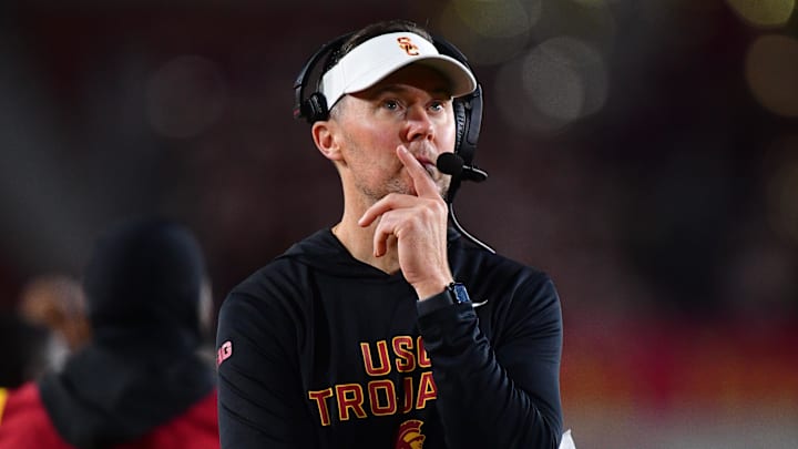 Nov 7, 2025; Los Angeles, California, USA; Southern California Trojans head coach Lincoln Riley watches game action against the Northwestern Wildcats during the second half at the Los Angeles Memorial Coliseum. Mandatory Credit: Gary A. Vasquez-Imagn Images
