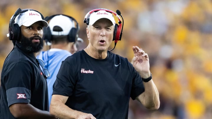 Houston Cougars head coach Willie Fritz and wide receivers coach Derrick Sherman against the Arizona State Sun Devils.