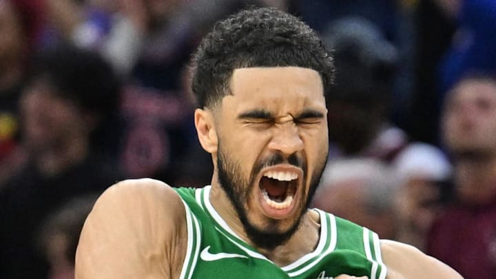 Apr 24, 2026; Philadelphia, Pennsylvania, USA; Boston Celtics forward Jayson Tatum (0) celebrates his three point basket against the Philadelphia 76ers late in the fourth quarter at Xfinity Mobile Arena. Mandatory Credit: Eric Hartline-Imagn Images