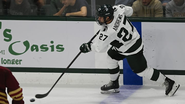 MSU's Nicklas Andrews moves the puck against Boston College, Saturday, Oct. 12, 2024, at Munn Ice Arena in East Lansing. MSU won 4-3. MSU's Nicklas Andrews moves the puck against Boston College, Saturday, Oct. 12, 2024, at Munn Ice Arena in East Lansing. MSU won 4-3.