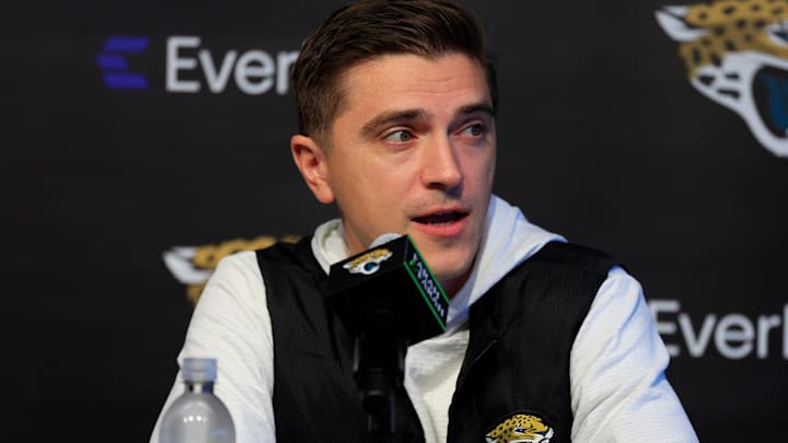 Jacksonville Jaguars general manager James Gladstone speaks during a press conference at the Miller Electric Center, Wednesday, Jan. 14, 2026, in Jacksonville, Fla.