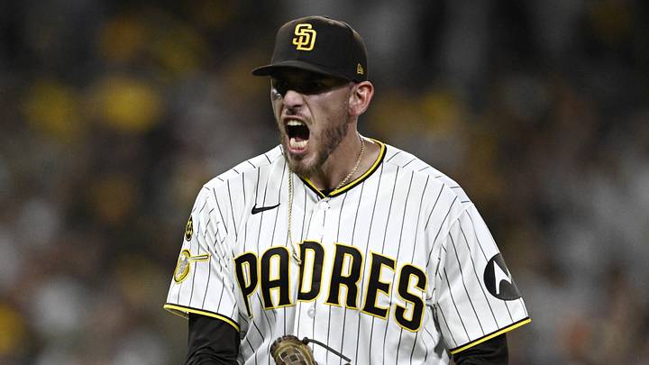 San Diego Padres pitcher Joe Musgrove (44) celebrates after defeating the Chicago Cubs in game one of the Wildcard round for the 2026 MLB Playoffs at Petco Park on Sept. 29, 2026.