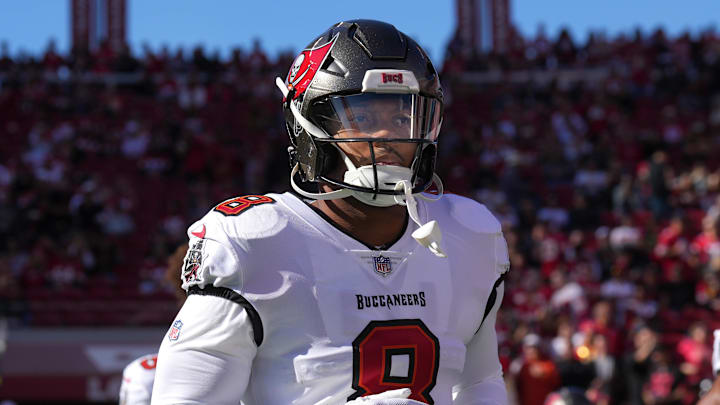 Nov 19, 2023; Santa Clara, California, USA; Tampa Bay Buccaneers linebacker SirVocea Dennis (8) before the game against the San Francisco 49ers at Levi's Stadium. Mandatory Credit: Darren Yamashita-Imagn Images