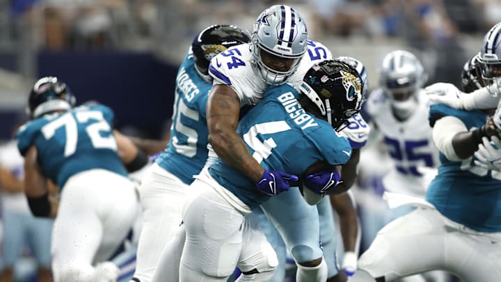 Aug 12, 2023; Arlington, Texas, USA; Dallas Cowboys defensive end Sam Williams (54) tackles