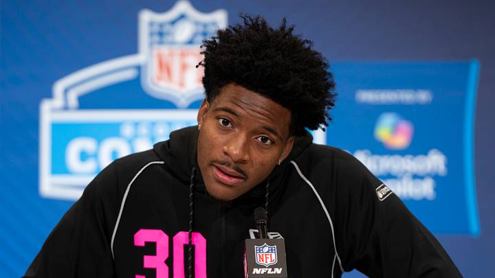 Feb 26, 2026; Indianapolis, IN, USA; Toledo defensive back Avery Smith (DB30) speaks to members of the media during the NFL Combine at the Indiana Convention Center. Mandatory Credit: Jacob Musselman-Imagn Images Feb 26, 2026; Indianapolis, IN, USA; Toledo defensive back Avery Smith (DB30) speaks to members of the media during the NFL Combine at the Indiana Convention Center. Mandatory Credit: Jacob Musselman-Imagn Images