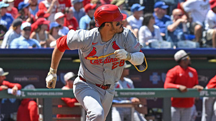 May 18, 2025; Kansas City, Missouri, USA; St. Louis Cardinals third baseman Nolan Arenado (28) runs to first base after a single in the fifth inning against the Kansas City Royals at Kauffman Stadium. May 18, 2025; Kansas City, Missouri, USA; St. Louis Cardinals third baseman Nolan Arenado (28) runs to first base after a single in the fifth inning against the Kansas City Royals at Kauffman Stadium.