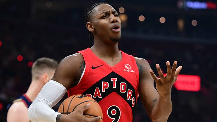 Apr 20, 2026; Cleveland, Ohio, USA; Toronto Raptors forward RJ Barrett (9) reacts after being called for a foul during the second half during game two of the first round of the 2026 NBA Playoffs against the Cleveland Cavaliers at Rocket Arena. Mandatory Credit: David Dermer-Imagn Images