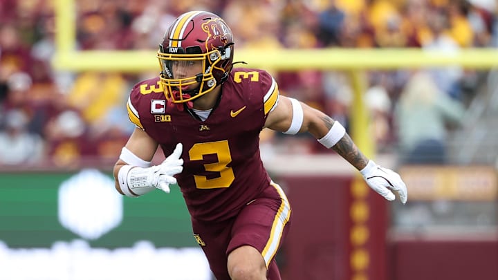 Sep 6, 2025; Minneapolis, Minnesota, USA; Minnesota Golden Gophers defensive back Koi Perich (3) in action against the Northwestern State Demons during the first quarter at Huntington Bank Stadium. Mandatory Credit: Matt Krohn-Imagn Images Sep 6, 2025; Minneapolis, Minnesota, USA; Minnesota Golden Gophers defensive back Koi Perich (3) in action against the Northwestern State Demons during the first quarter at Huntington Bank Stadium. Mandatory Credit: Matt Krohn-Imagn Images