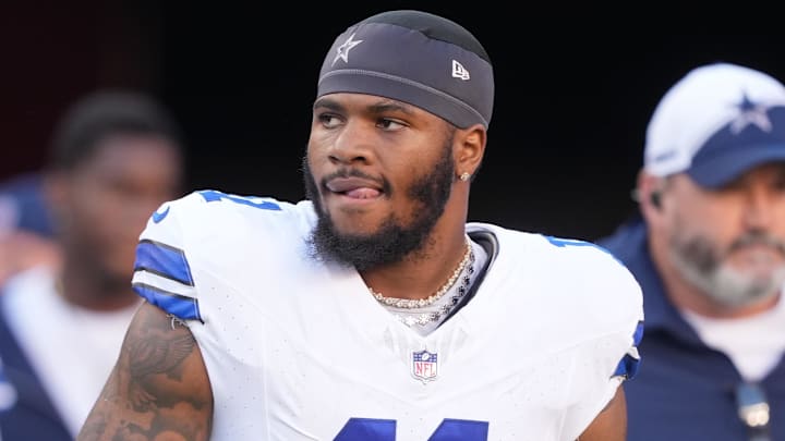 Oct 8, 2023; Santa Clara, California, USA; Dallas Cowboys linebacker Micah Parsons (11) before the game against the San Francisco 49ers at Levi's Stadium. Mandatory Credit: Darren Yamashita-Imagn Images