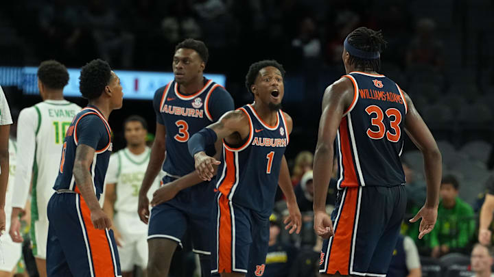 The Auburn Tigers defeated Oregon, 84-73, to open the Players Era Championship. The Auburn Tigers defeated Oregon, 84-73, to open the Players Era Championship.