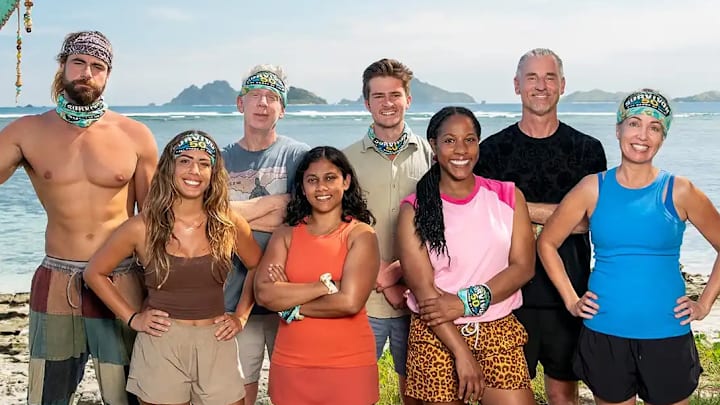 Jonathan Young, Dee Valladares, Mike White, Kamilla Karthigesu, Charlie Davis, Tiffany Ervin, Benjamin "Coach" Wade, Chrissy Hofbeck of the Kalo tribe on 'Survivor 50'. Robert Voets/CBS