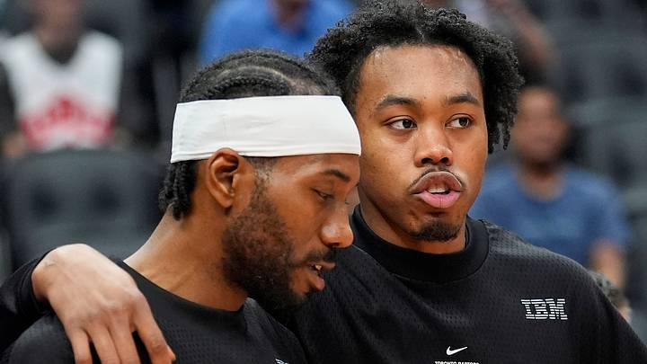 Kawhi Leonard and Scottie Barnes before a Toronto Raptors game against the New York Knicks. Kawhi Leonard and Scottie Barnes before a Toronto Raptors game against the New York Knicks.